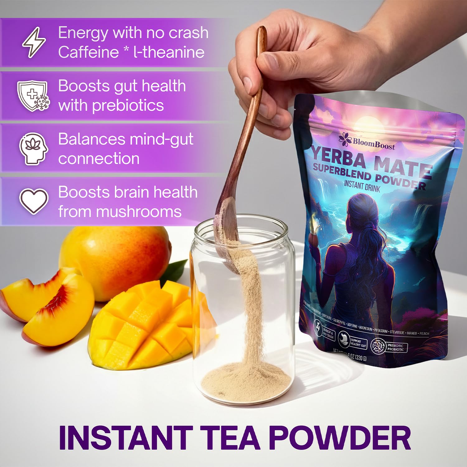 BloomBoost ingredient spread with yerba mate leaves and Lion's Mane mushroom, natural formulation