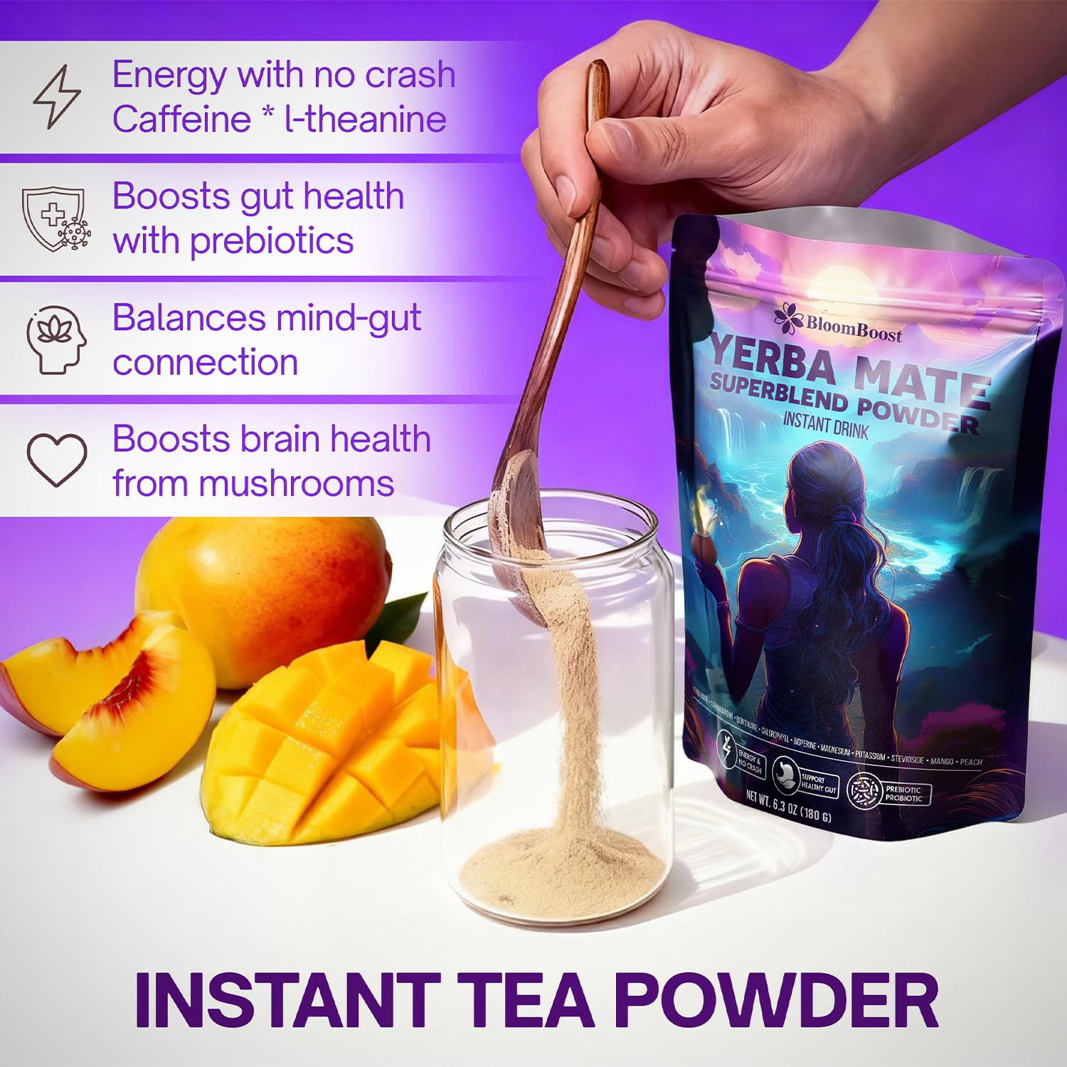 BloomBoost powder on spoon emphasizing smooth dissolve and mixability