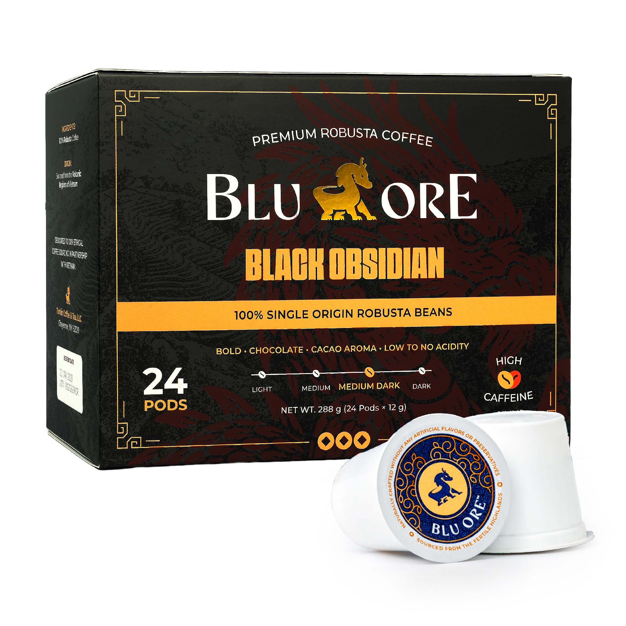 Blu Ore front packaging showing bold robusta pods and high caffeine benefit