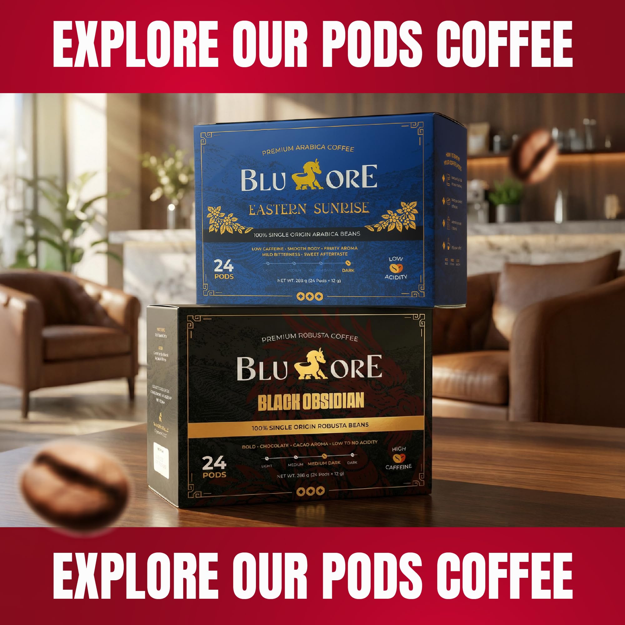 Blu Ore pods in a kitchen lifestyle scene conveying everyday convenience
