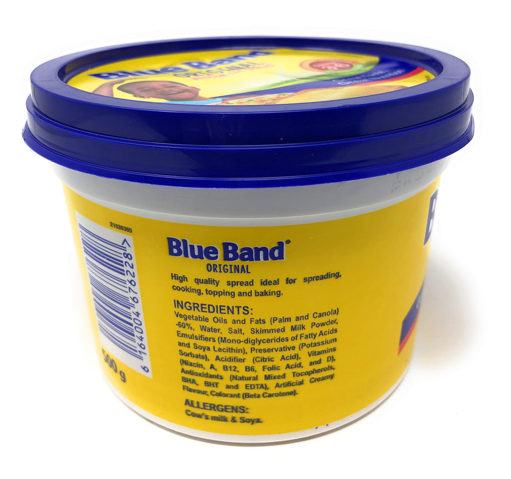 Blue Band 500g tub beside fruit for clear size and portion guidance