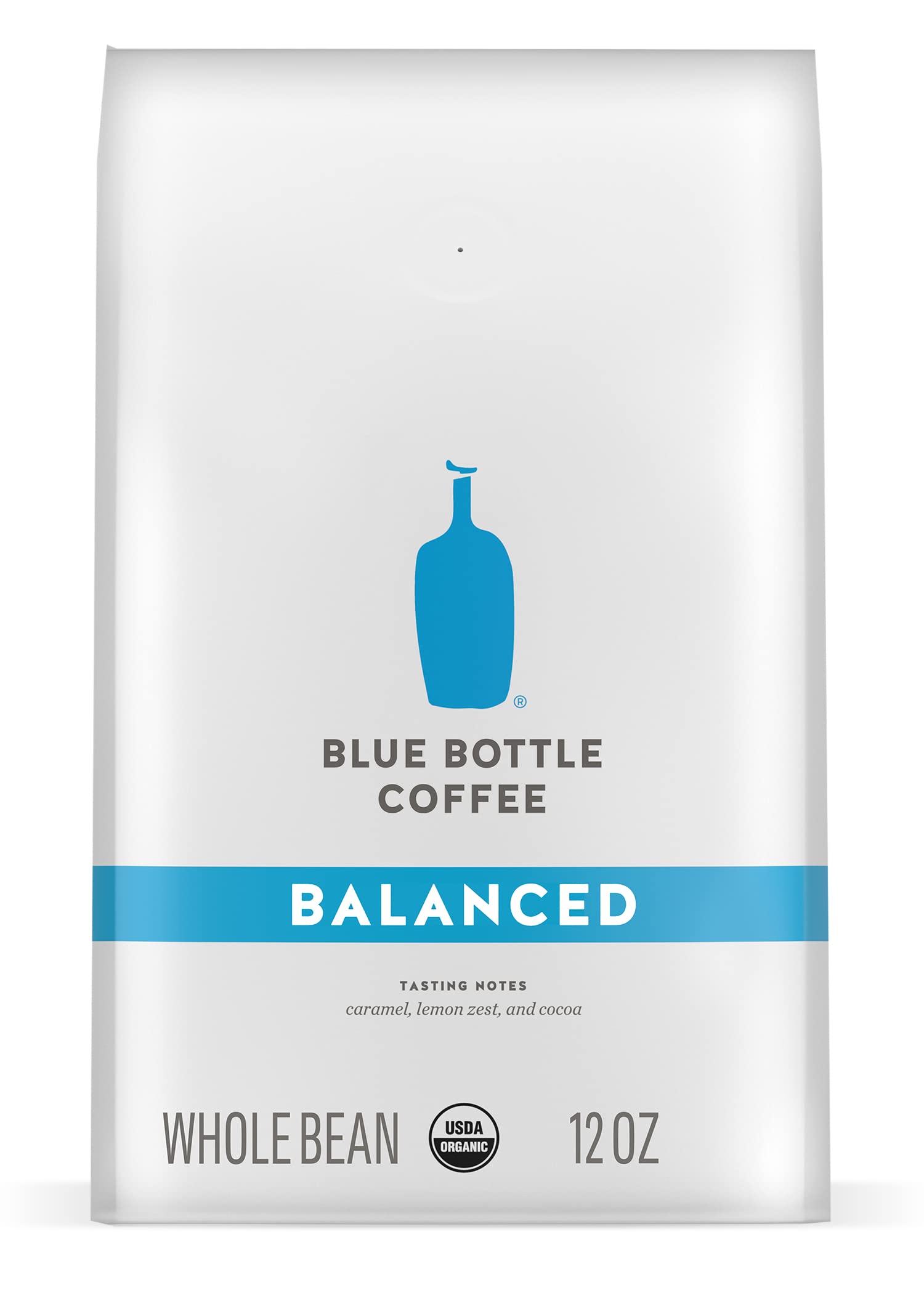 Blue Bottle Balanced front packaging showing 12 oz bag and organic label, enticing freshness