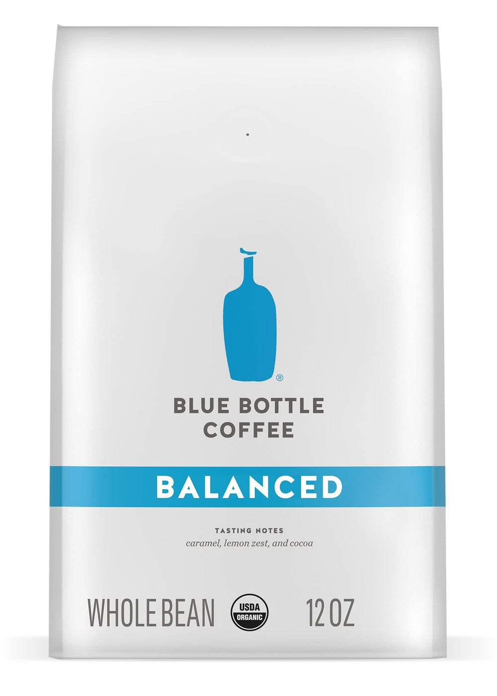 Blue Bottle Balanced front packaging showing 12 oz bag and organic label, enticing freshness