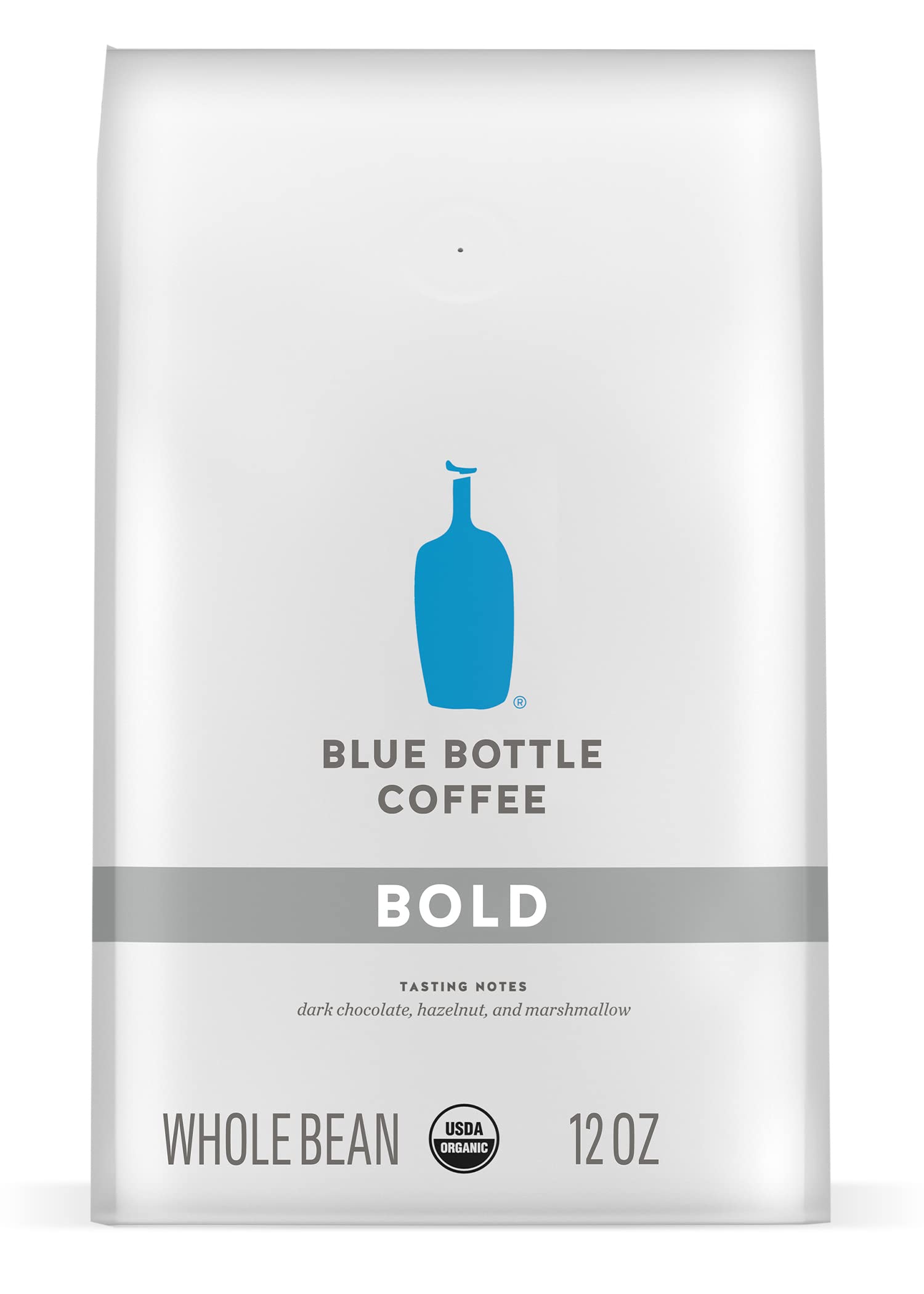 Blue Bottle Coffee front packaging showing bold organic branding and 12 oz weight