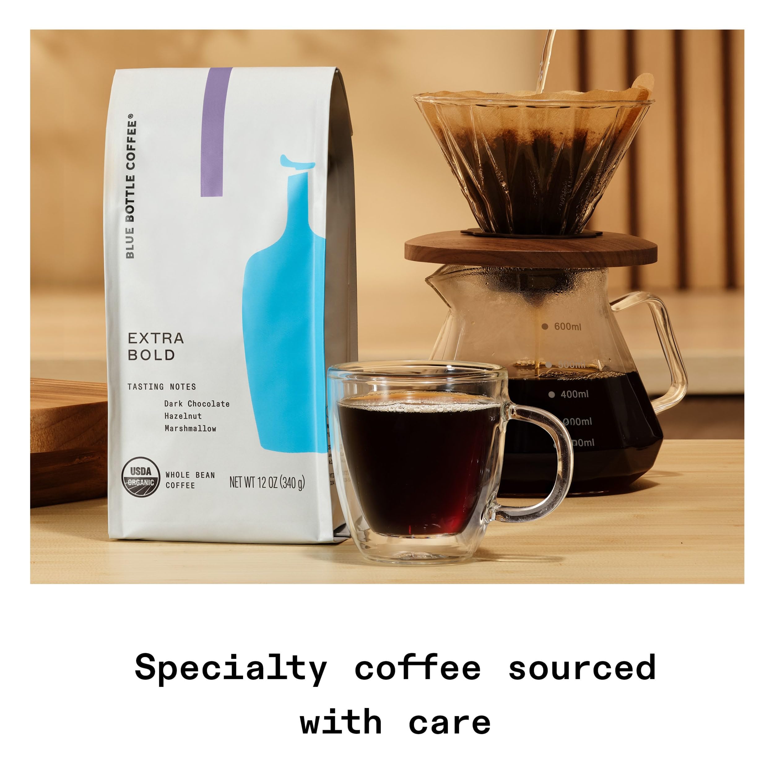 Blue Bottle Coffee label detail showing USDA Organic certification and roast info