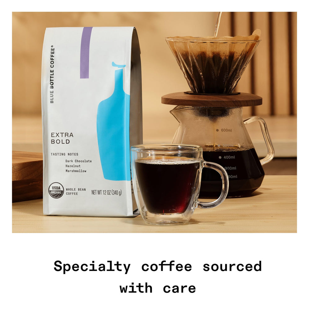 Blue Bottle Coffee label detail showing USDA Organic certification and roast info