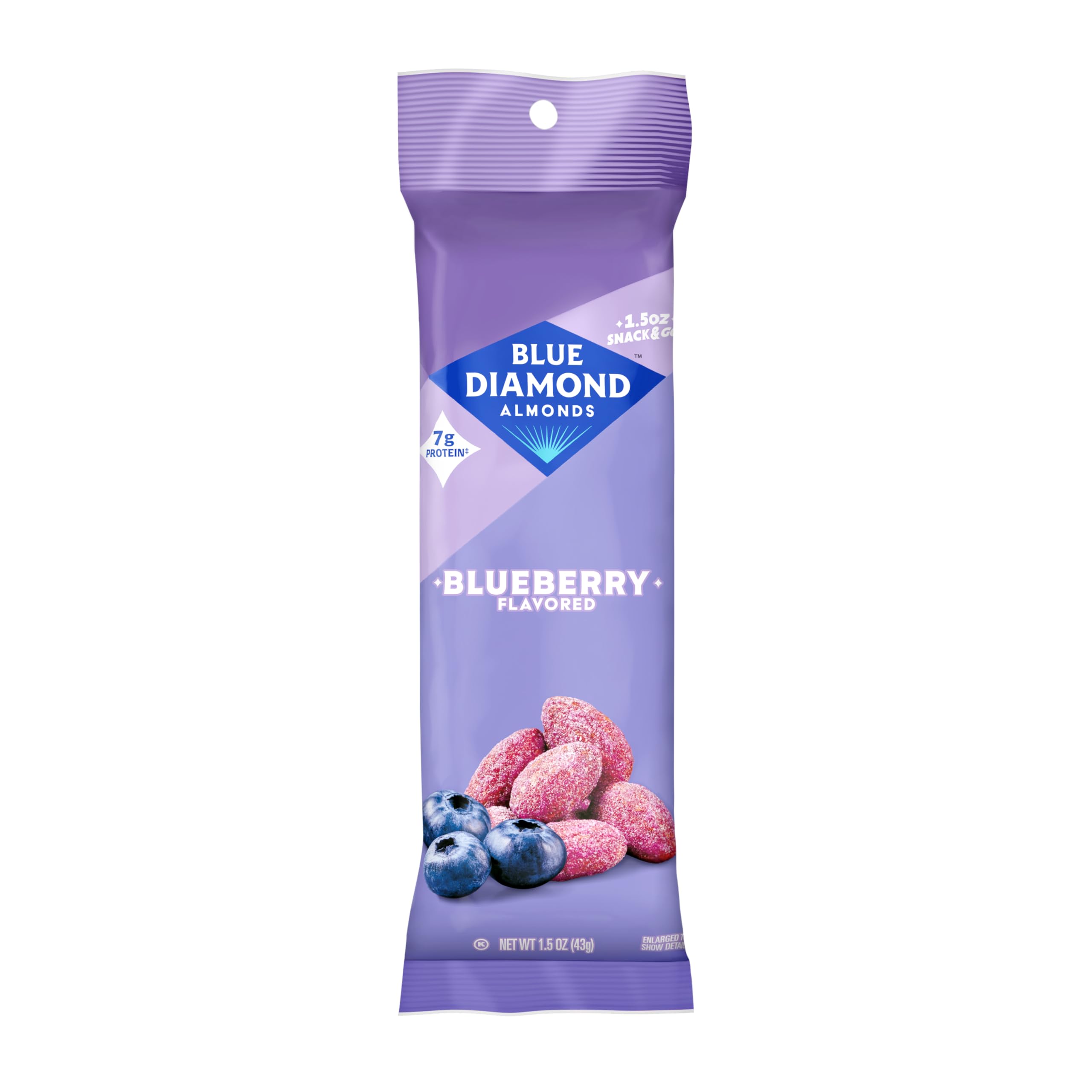 Blue Diamond front packaging showing 12-count blueberry almond bags and clear branding benefit convenience