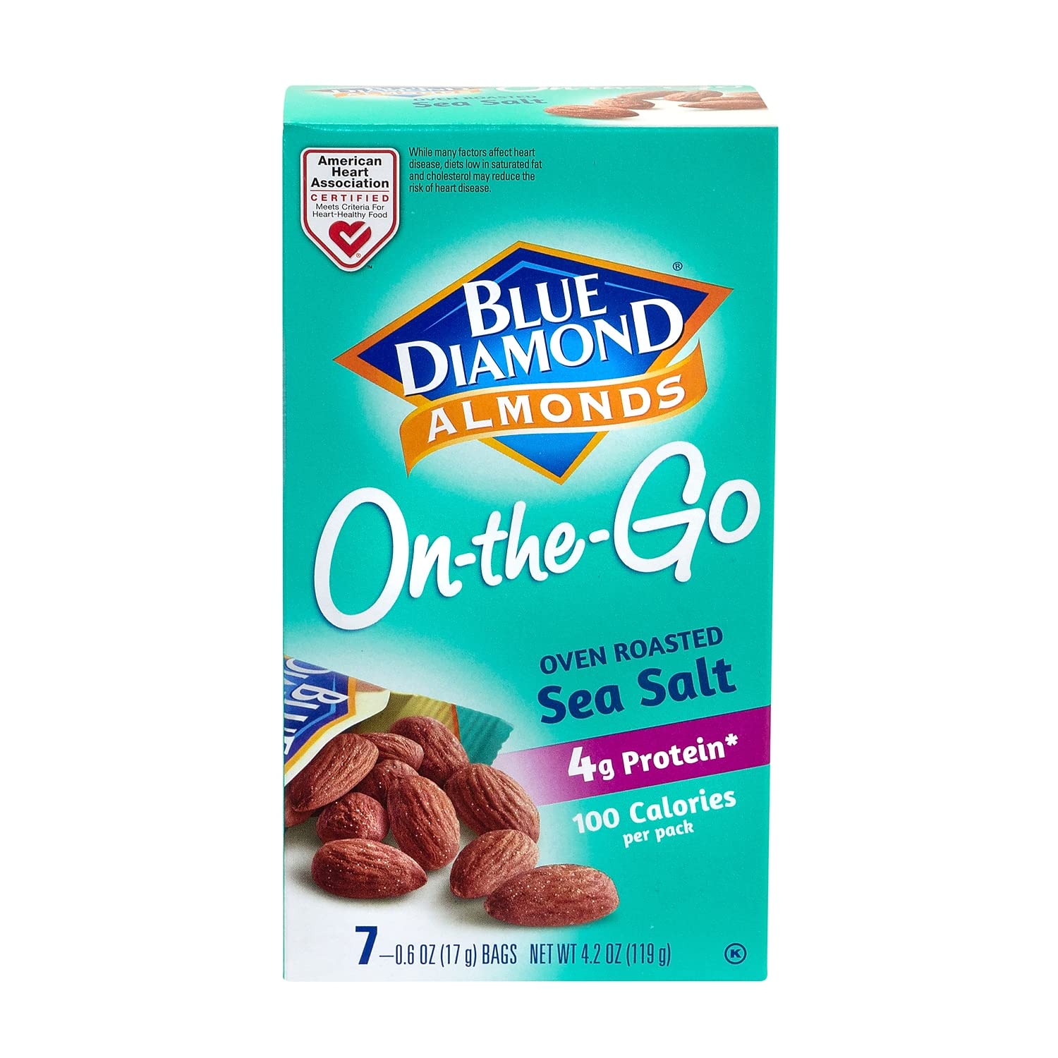 Blue Diamond open box with seven on-the-go pouches visible for convenience