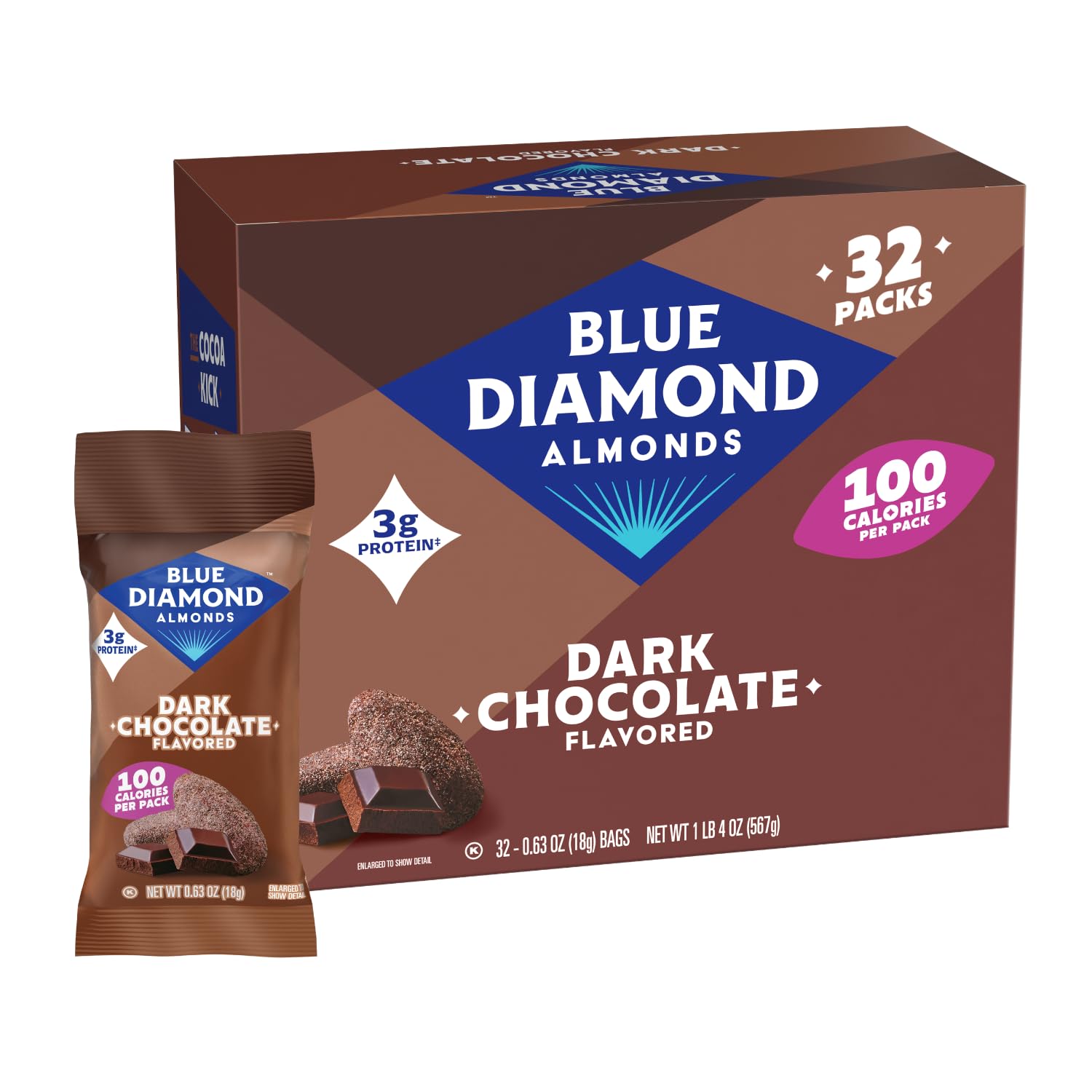 Blue Diamond front packaging showing 32-count dark chocolate packs and convenient portioning