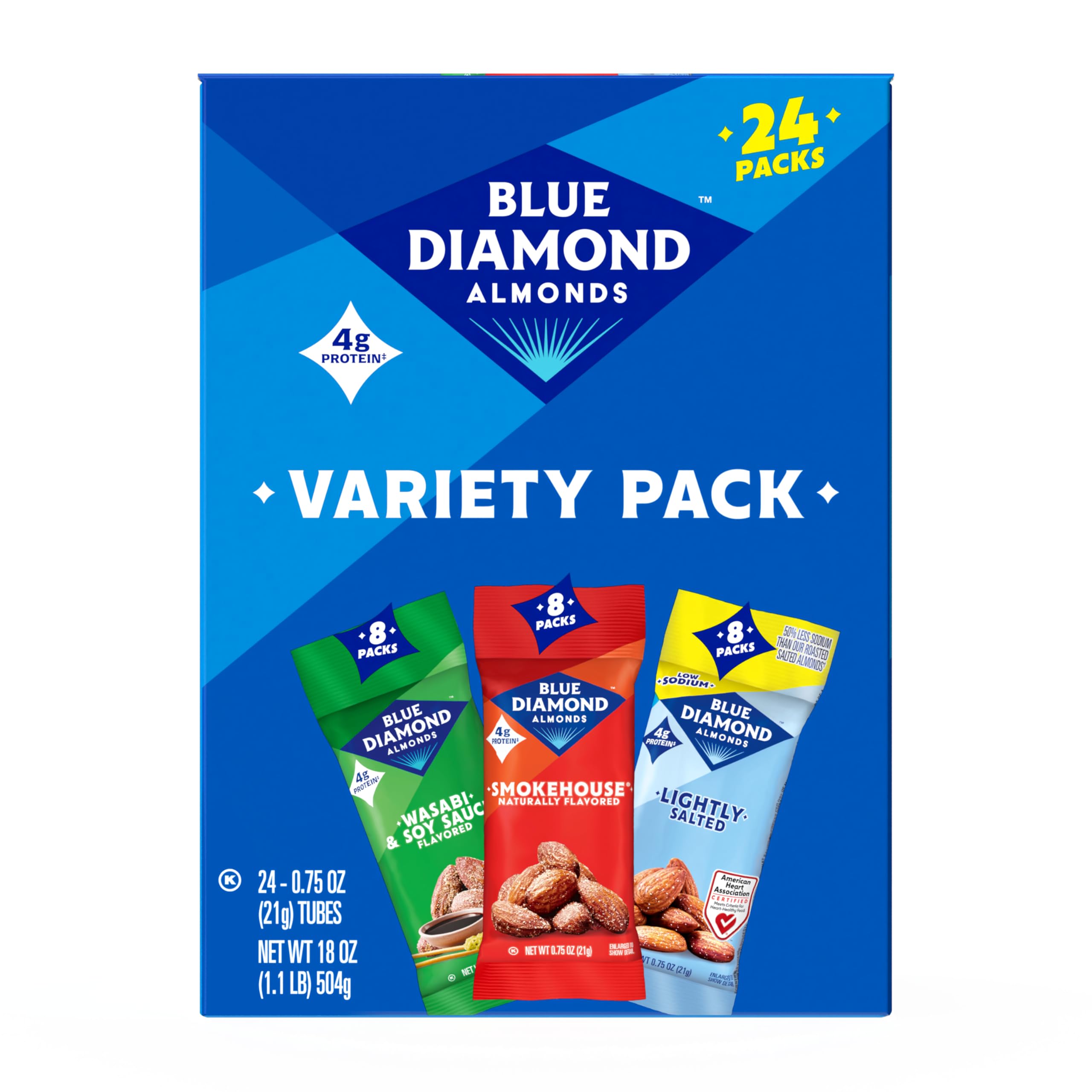 Blue Diamond front packaging showing 24-count variety for portable snacking