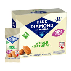 Blue Diamond front packaging showing 32 single-serve almond packs and convenience