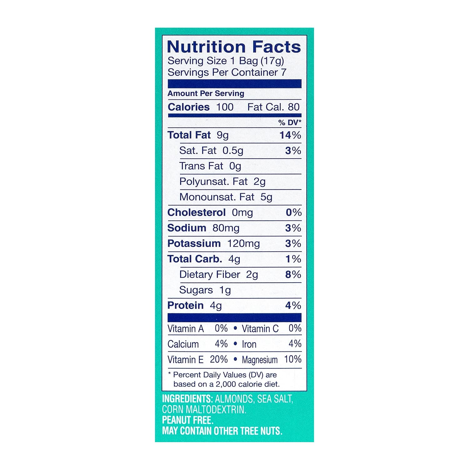 Blue Diamond nutritional label close-up highlighting protein, fiber, and calorie info