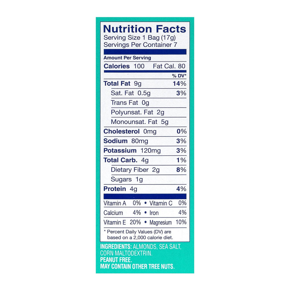 Blue Diamond nutritional label close-up highlighting protein, fiber, and calorie info