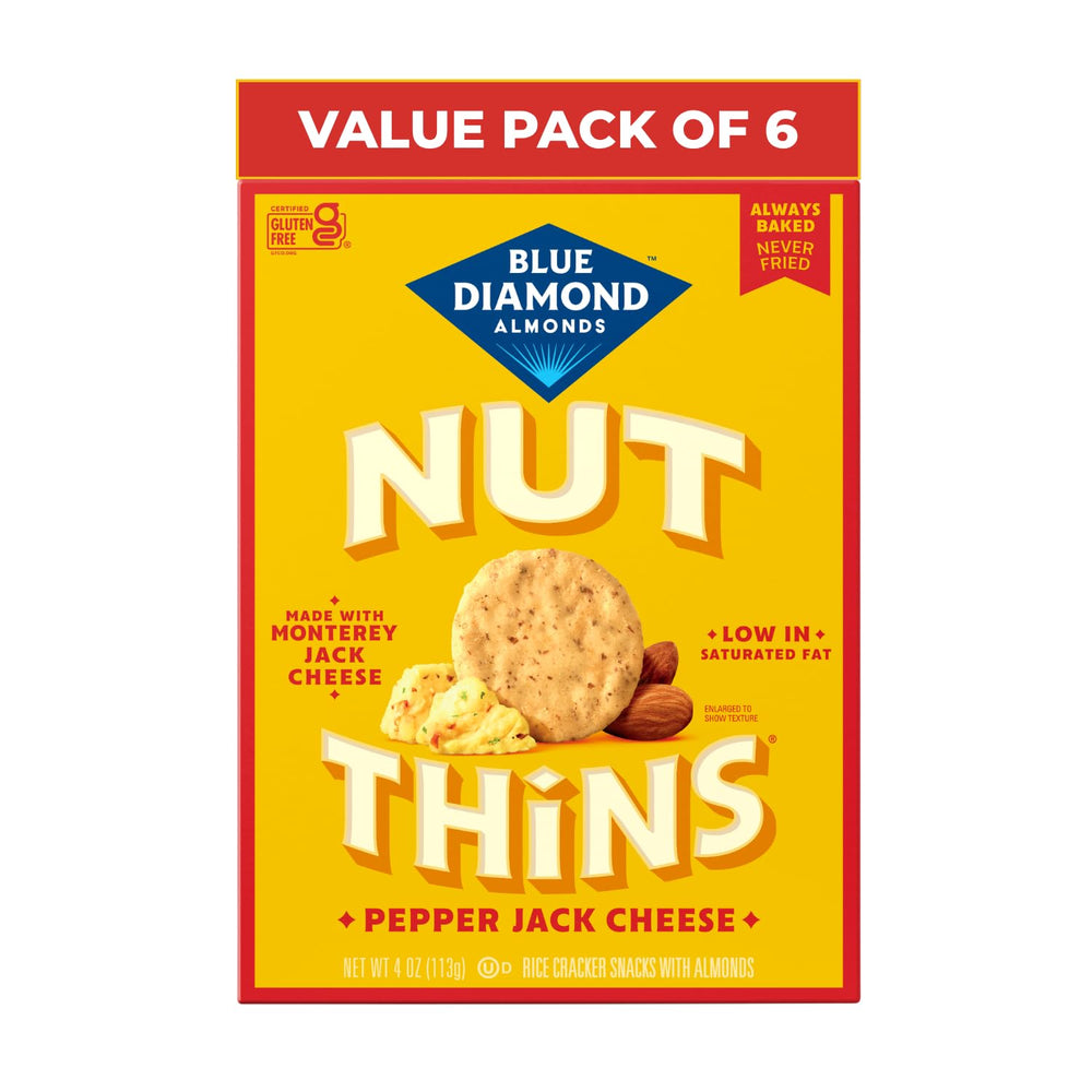 Blue Diamond front packaging showing pepper jack flavor and benefit convenient six-pack