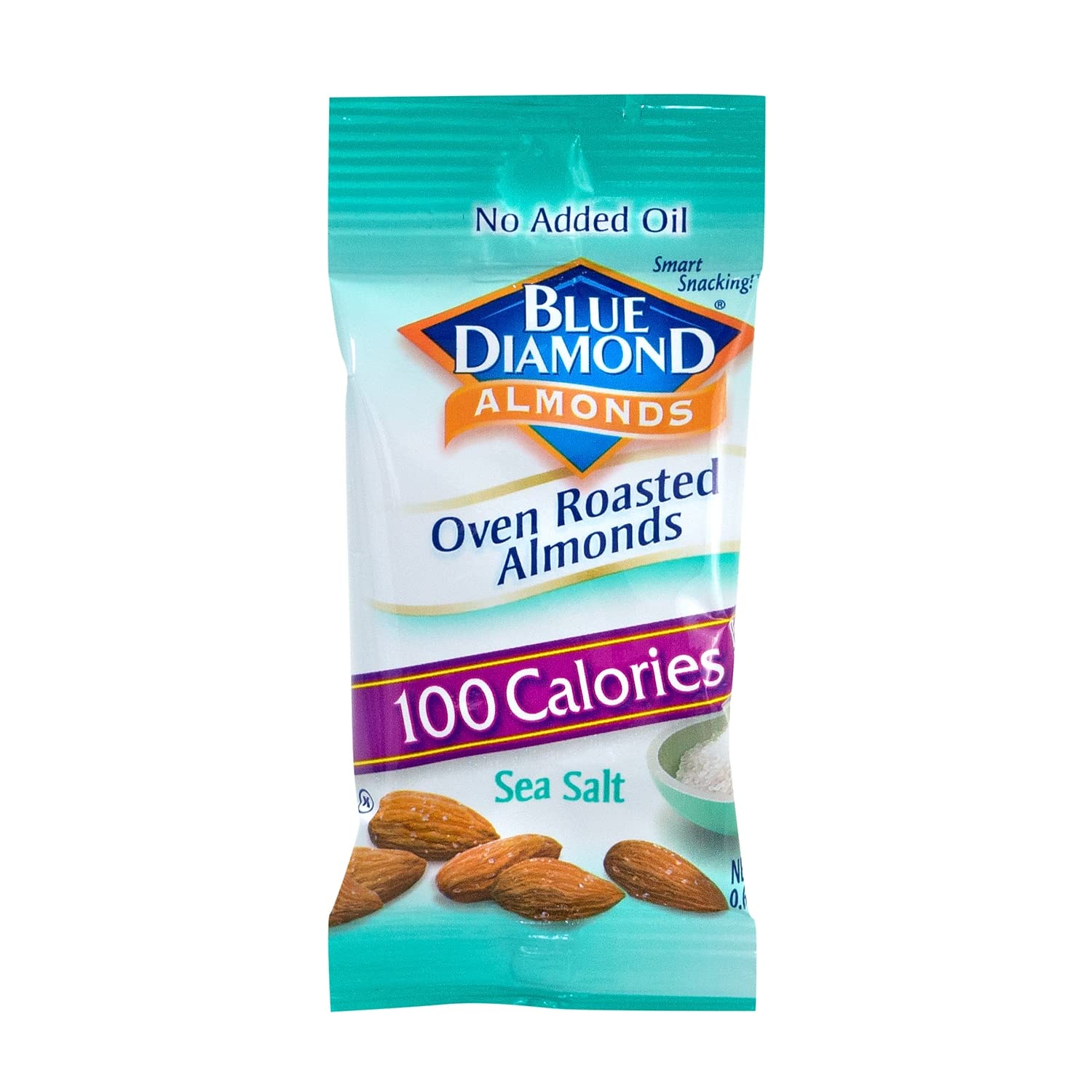 Blue Diamond single 100 calorie pouch held to show compact size and portability