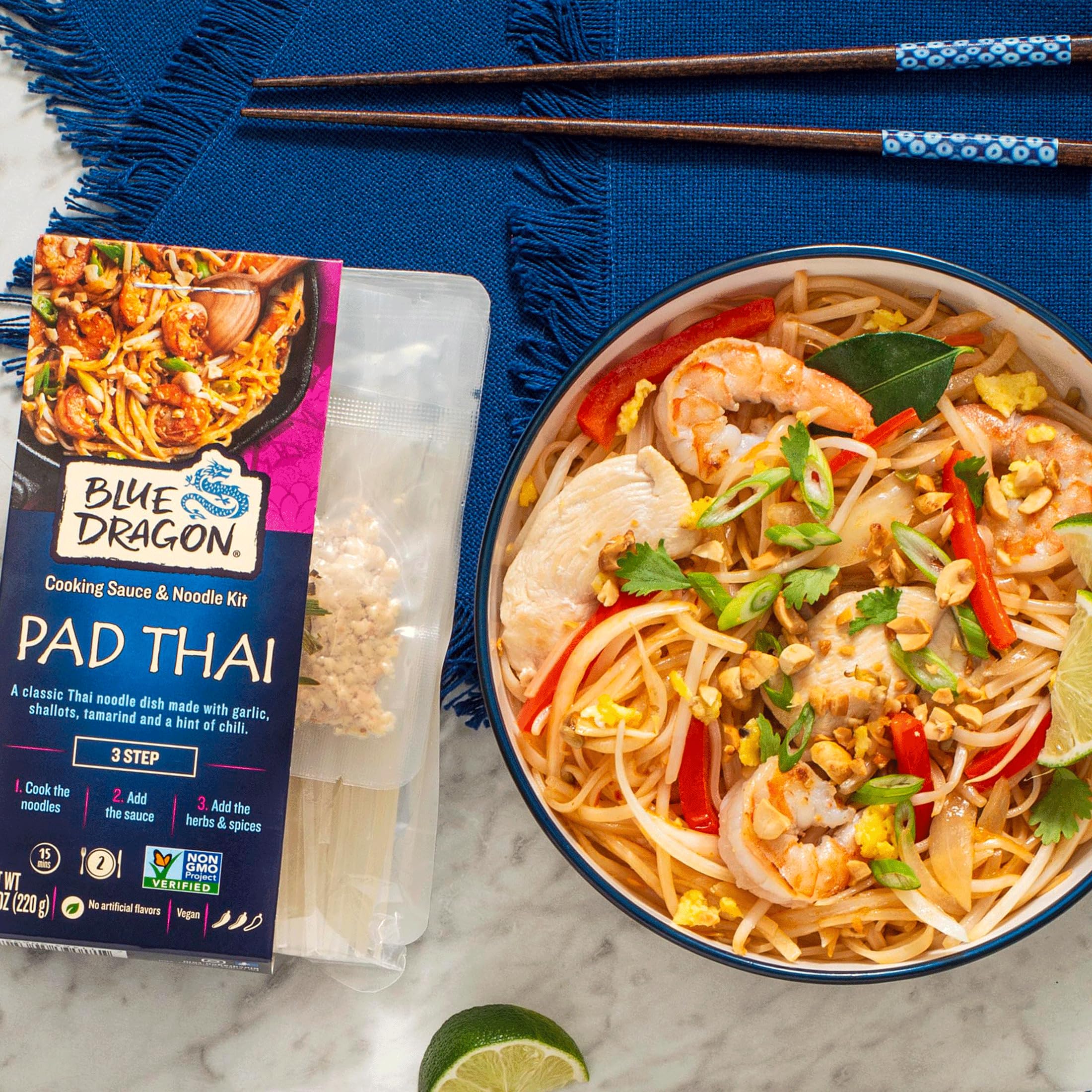 Blue Dragon plated pad thai bowl showing restaurant-style result