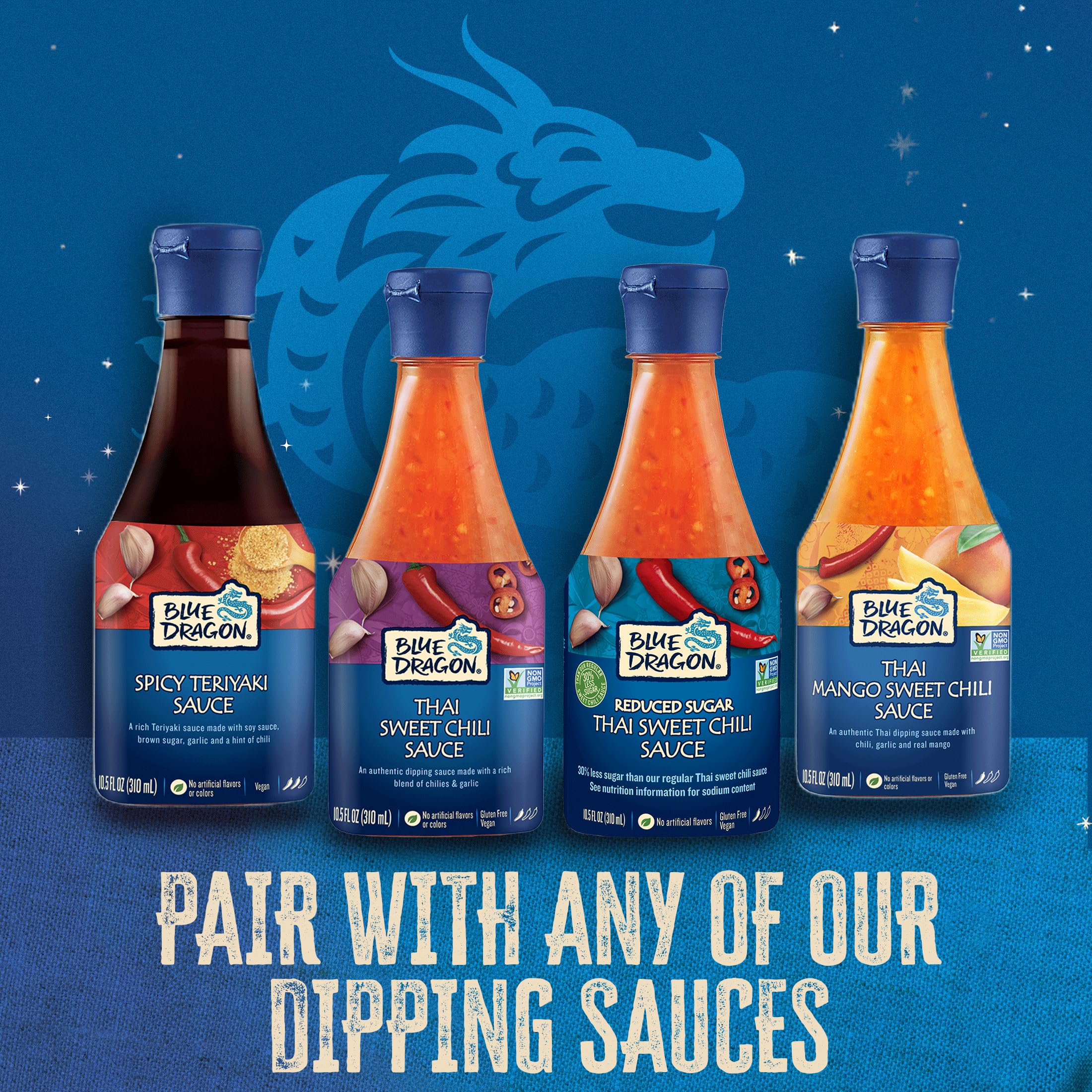 Blue Dragon spring rolls plated with dipping sauces for serving