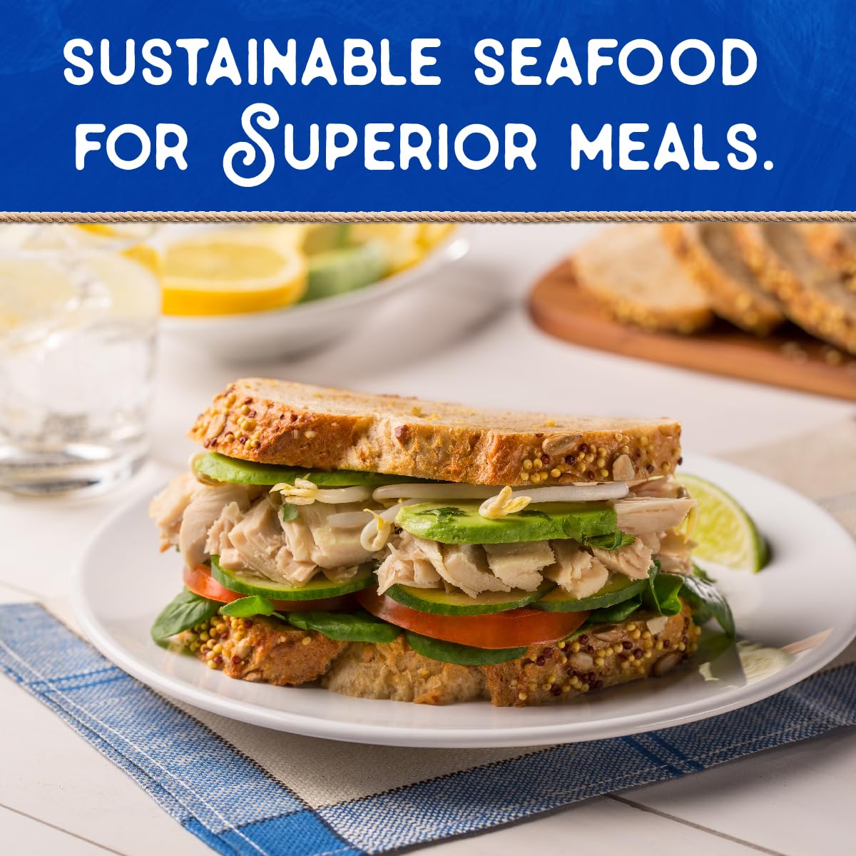 Blue Harbor Fish Co. can in hand for scale, shows compact pantry-friendly portion