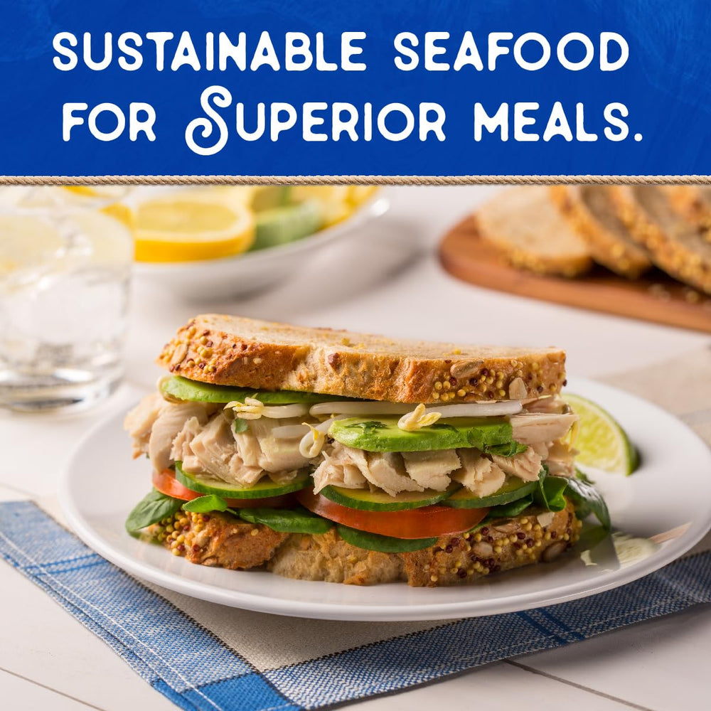 Blue Harbor Fish Co. can in hand for scale, shows compact pantry-friendly portion