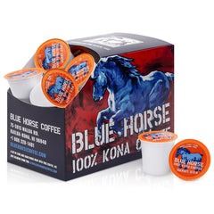 Blue Horse Kona pod close-up displaying sealed freshness and convenience