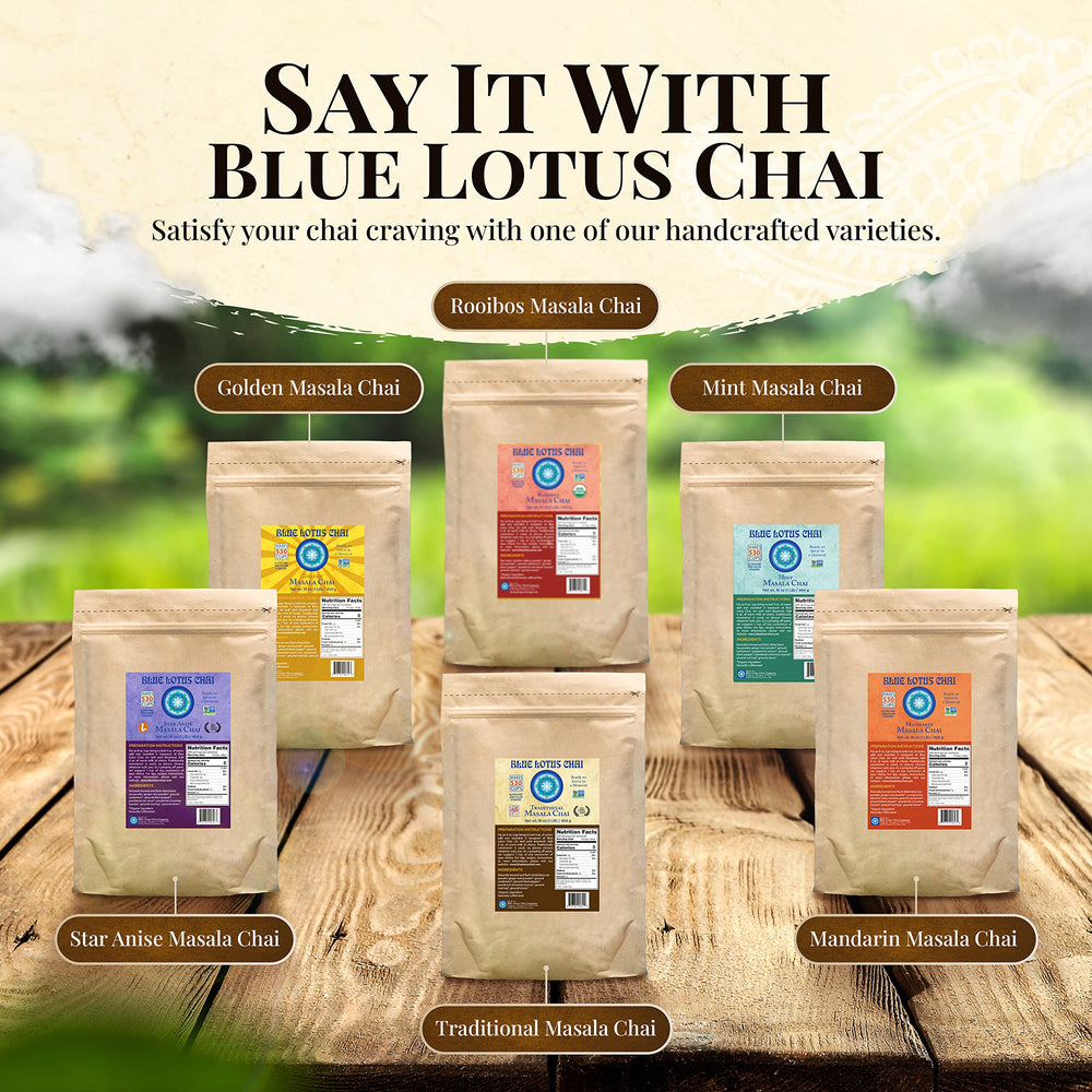 Blue Lotus Chai cup in a kitchen setting, fast morning beverage solution
