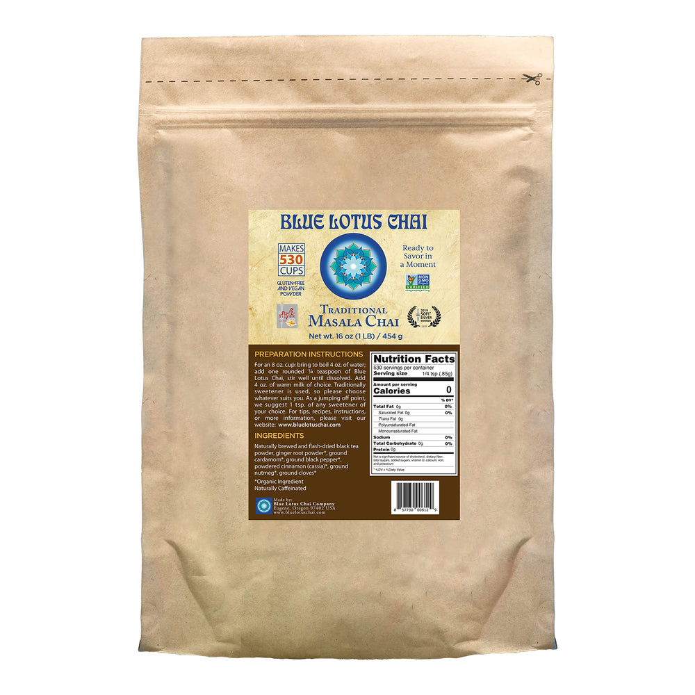 Blue Lotus Chai front packaging showing brand and bulk bag, great pantry staple