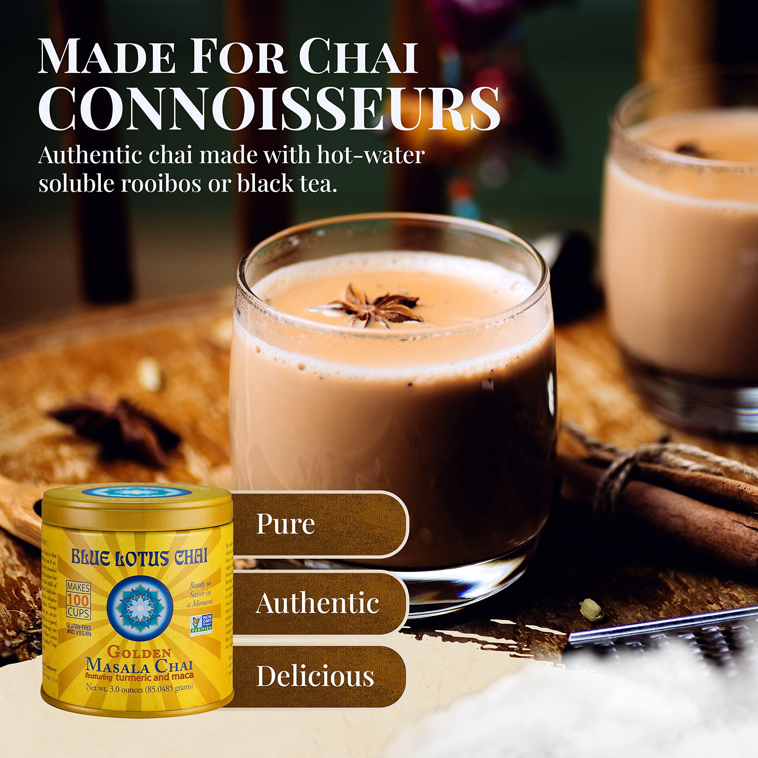 Blue Lotus Chai open tin with spoon serving powder for easy portioning benefit