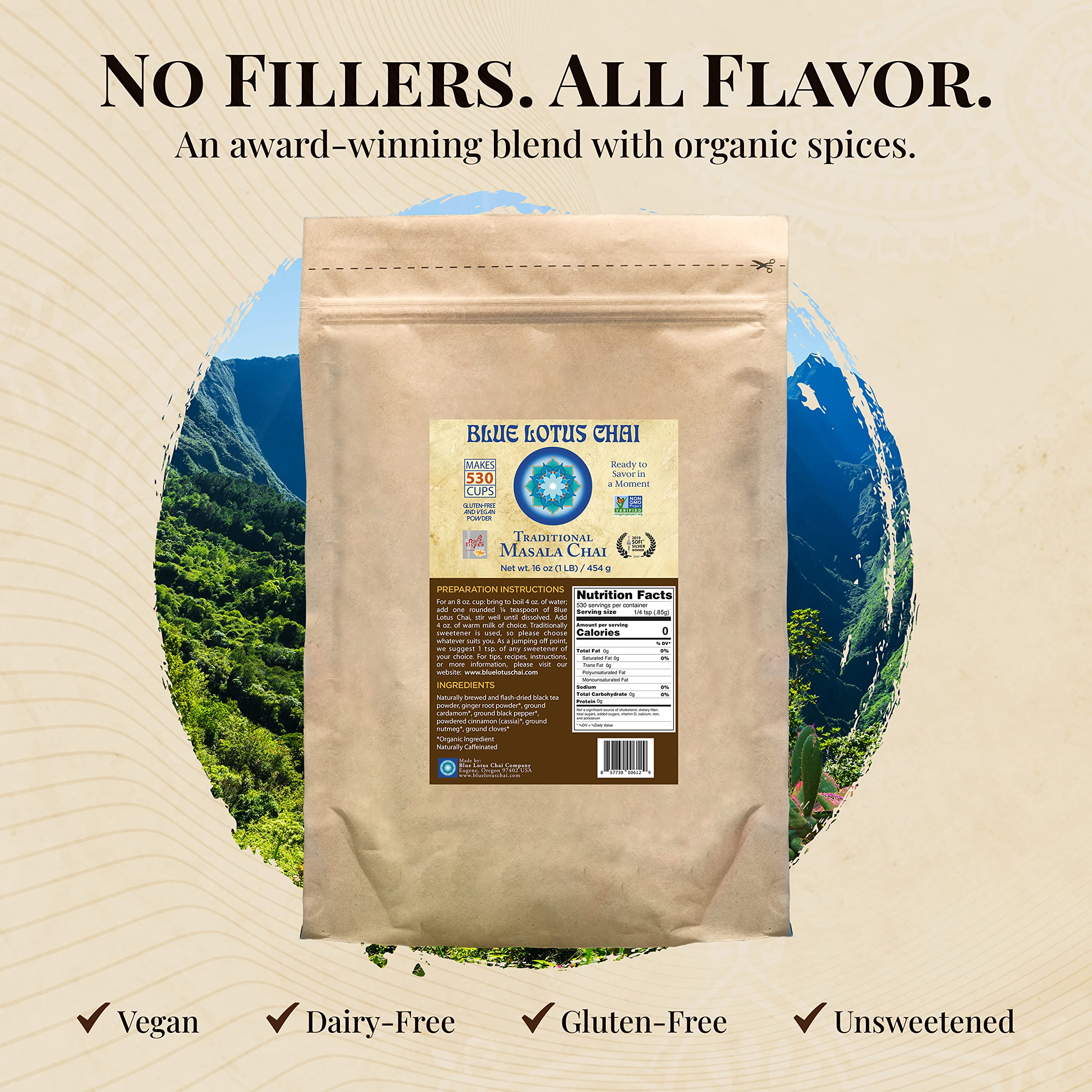 Close-up of Blue Lotus Chai powder texture, organic spices visible for aroma