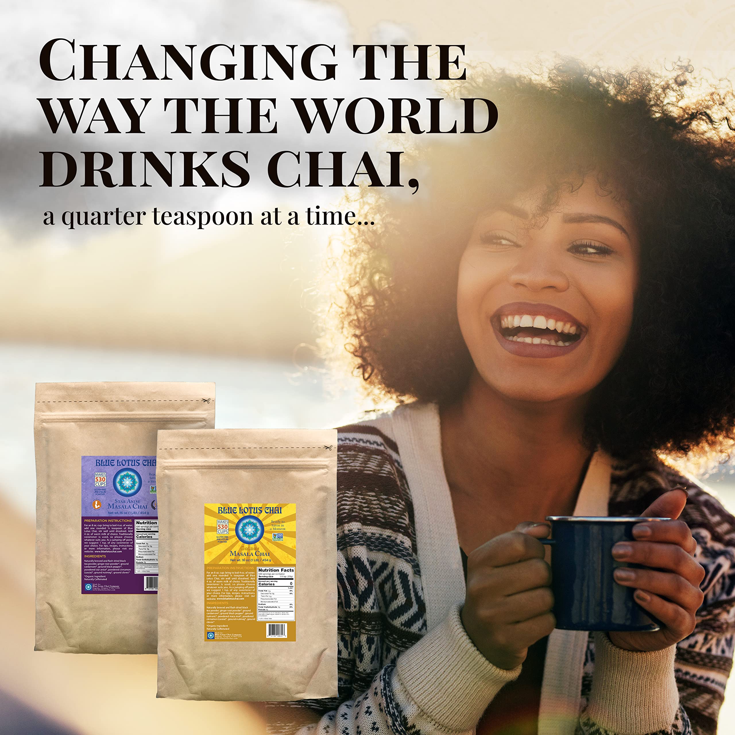 Prepared cup of Blue Lotus Chai from above, creamy chai ready to drink