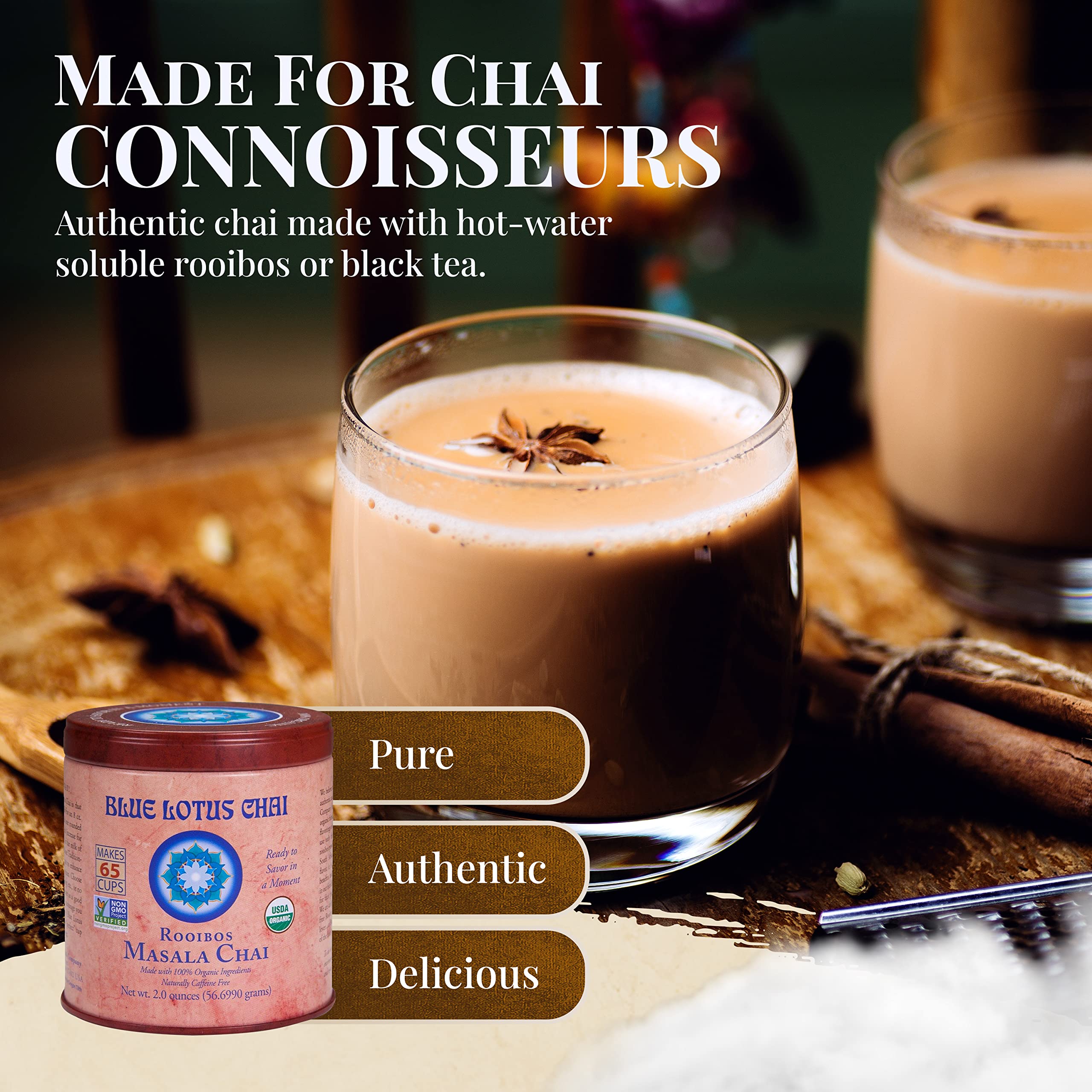 Open Blue Lotus Chai tin with bamboo scoop emphasizing easy portion control
