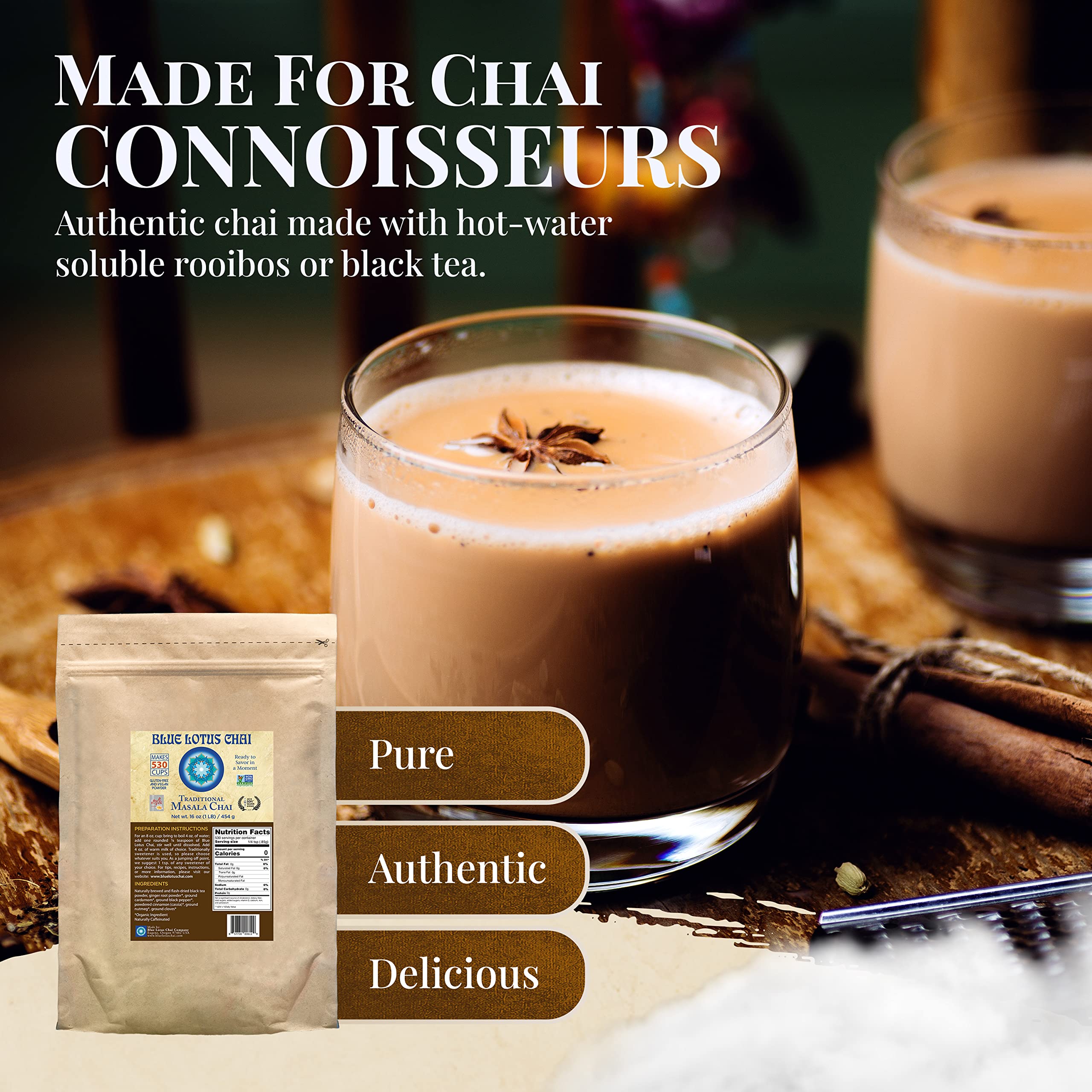 Array of spices that compose Blue Lotus Chai, organic ingredients showcased