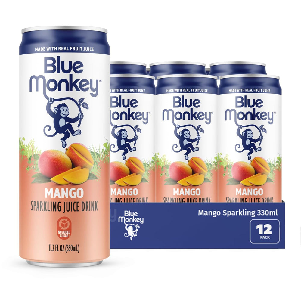 blue monkey front can showing full product branding and bright mango color for instant recognition