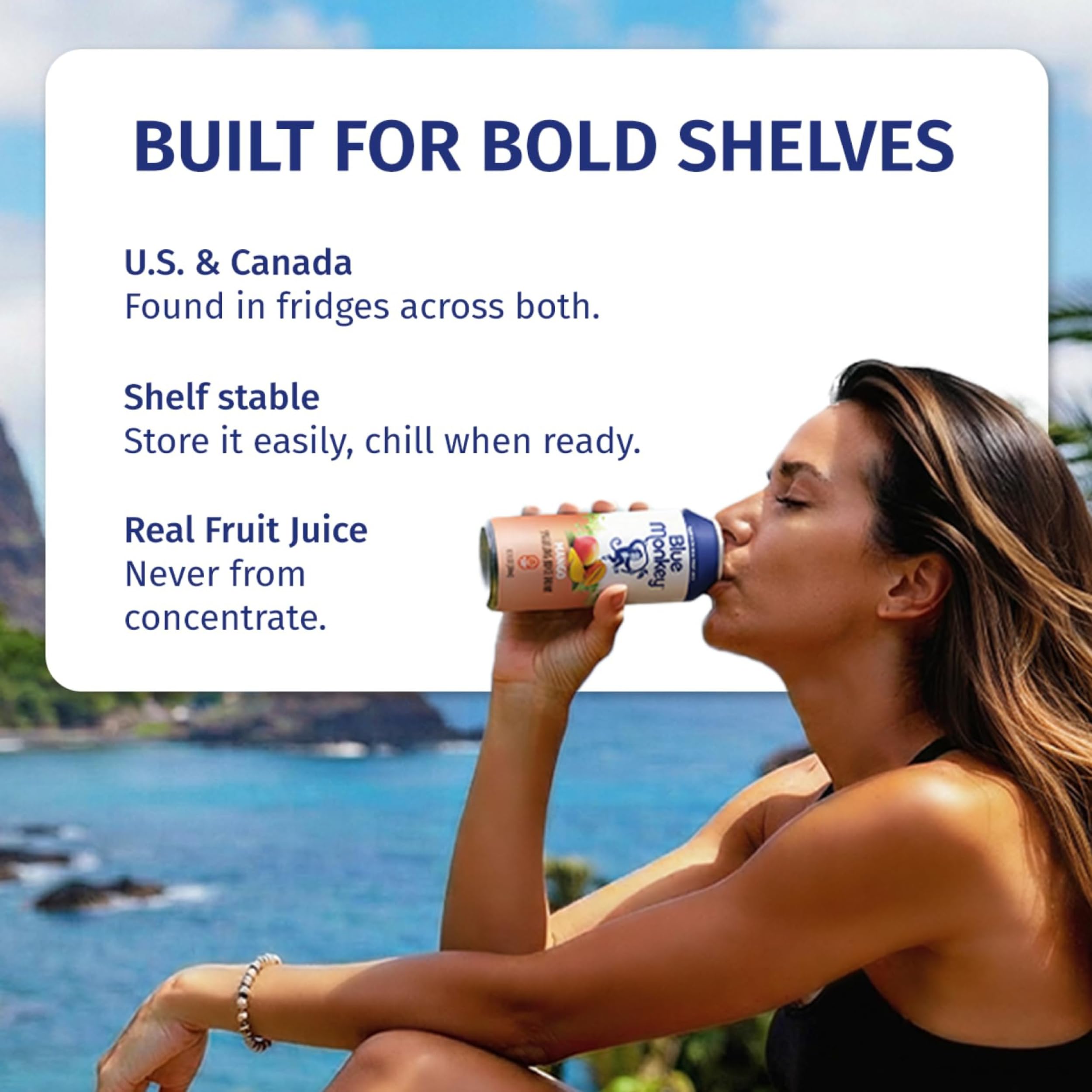 blue monkey beside a smartphone to show 330ml can scale and portable convenience for on-the-go