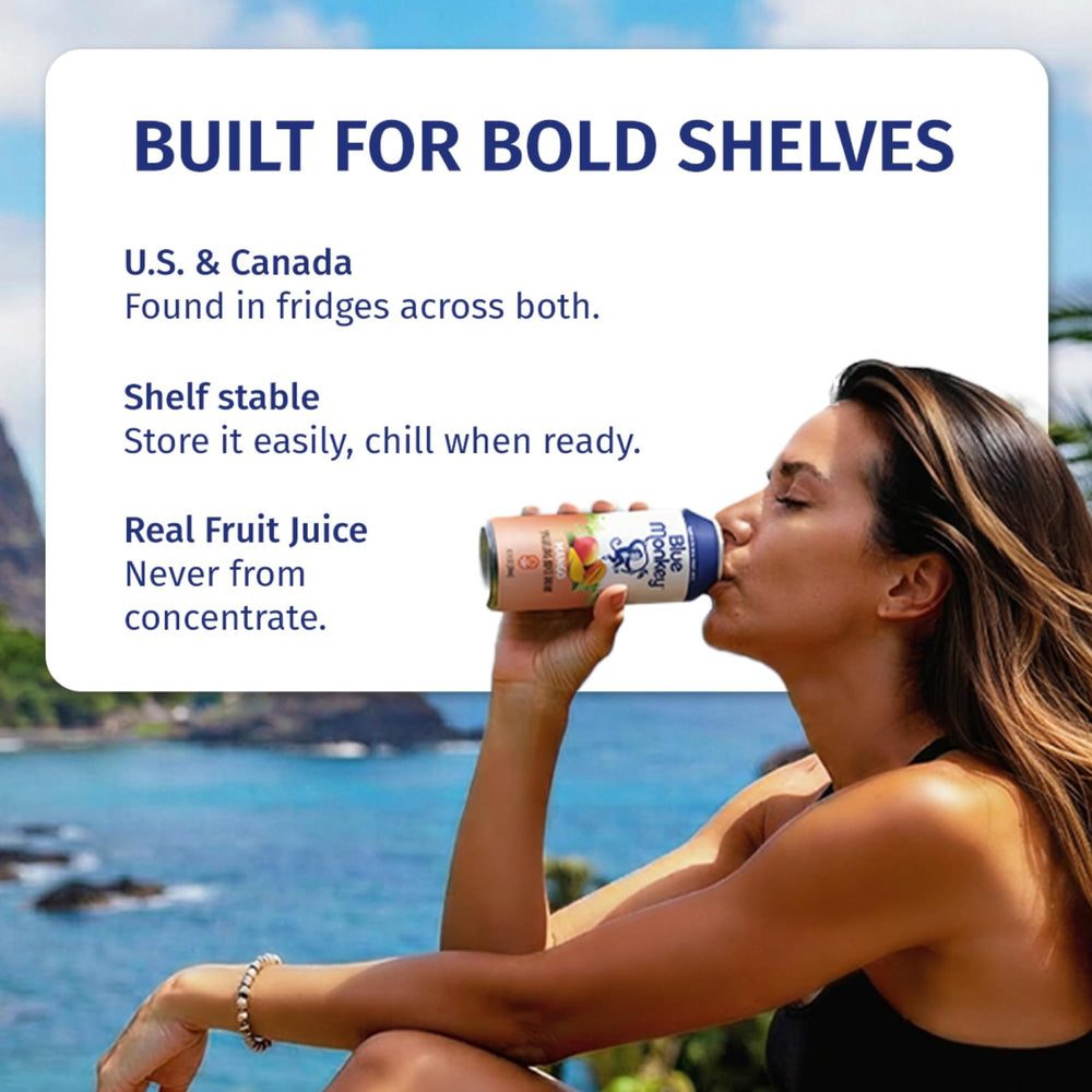blue monkey beside a smartphone to show 330ml can scale and portable convenience for on-the-go