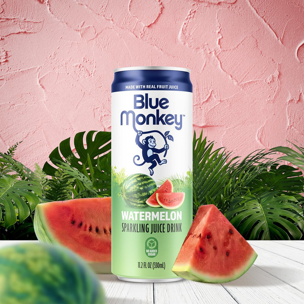 blue monkey can close-up showing light condensation and natural juice texture, enticing refreshment