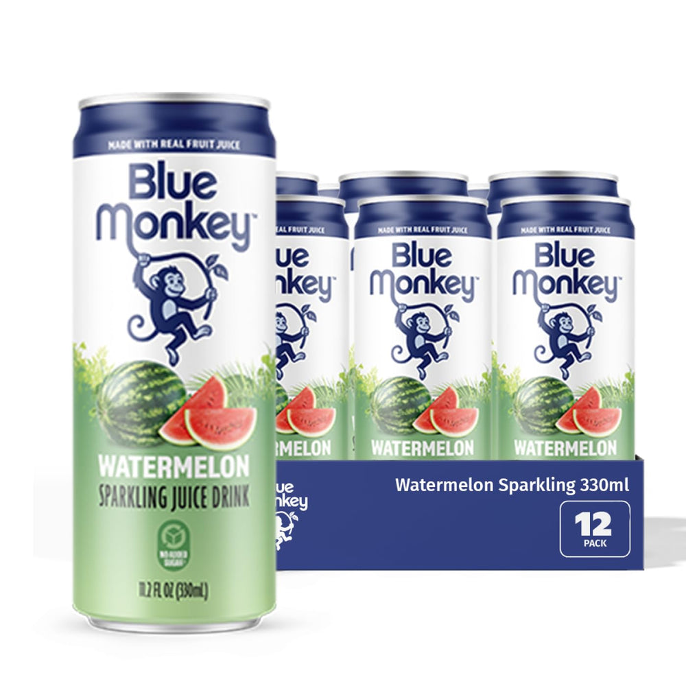 blue monkey front packaging showing 12-pack and bold watermelon branding, great shelf presence