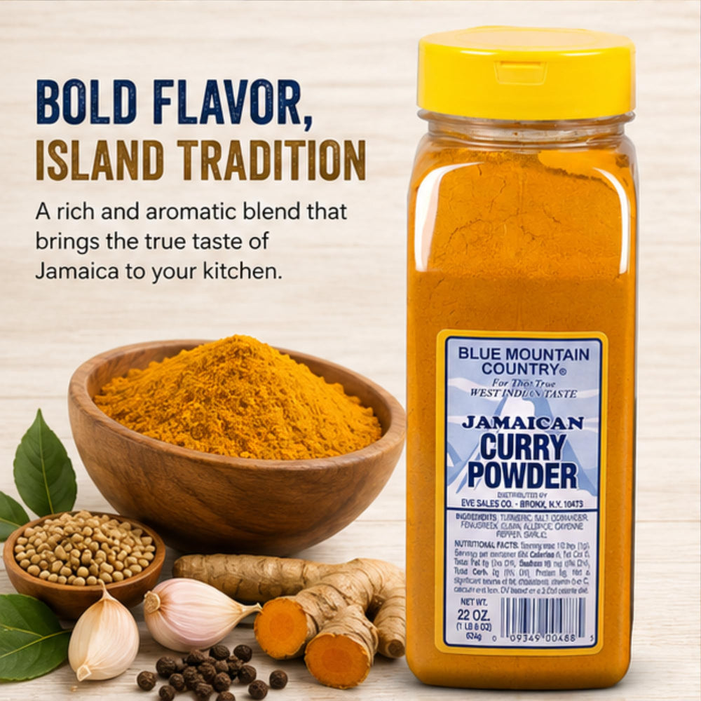 Blue Mountain Country curry next to whole spices illustrating authentic ingredients