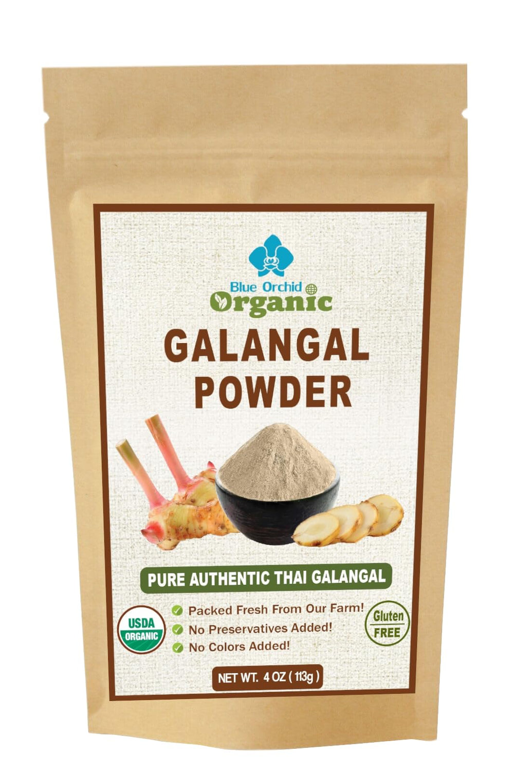 Blue Orchid Organic galangal powder jar front view for pantry flavor