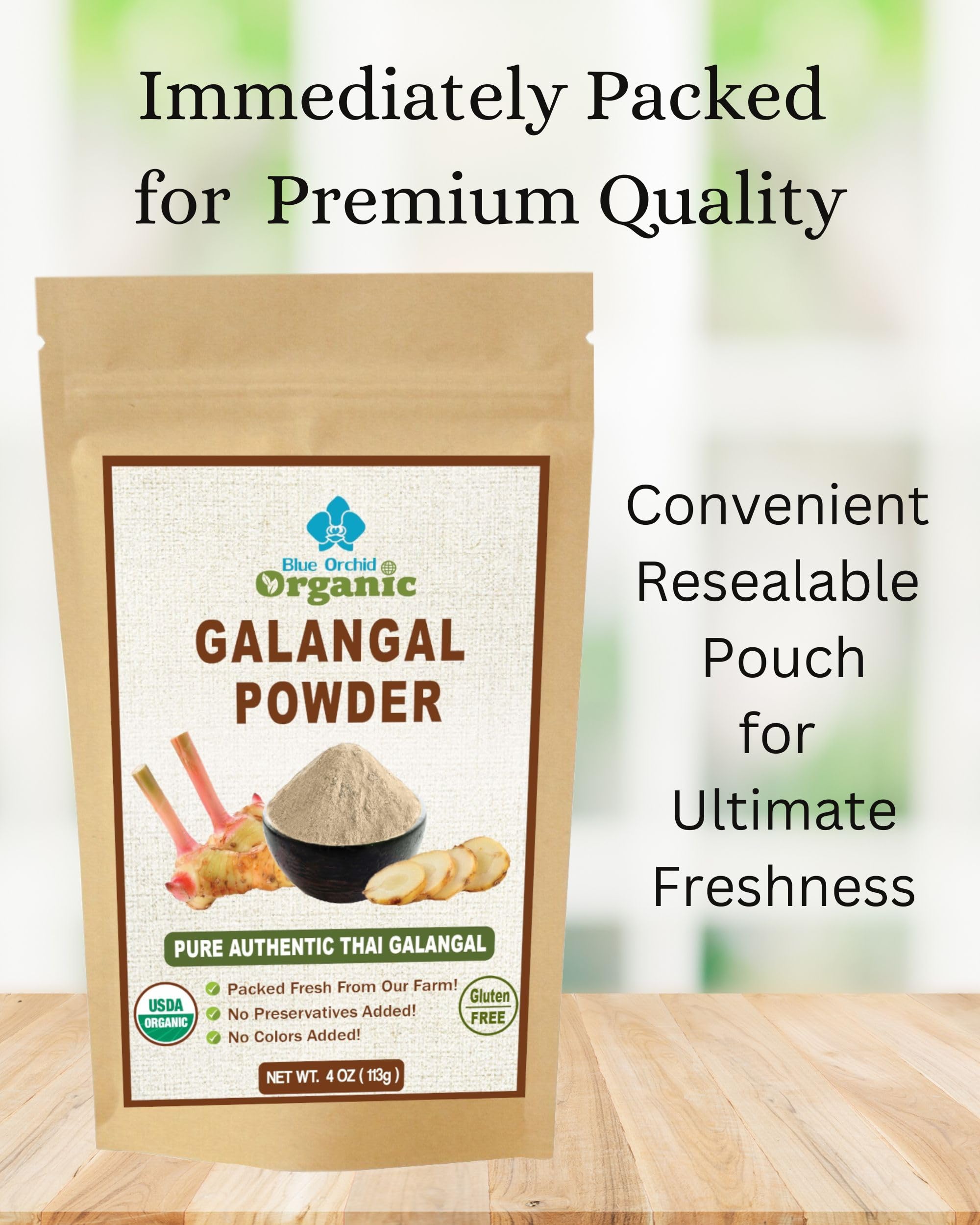 Blue Orchid Organic galangal powder spooned measure for recipe precision