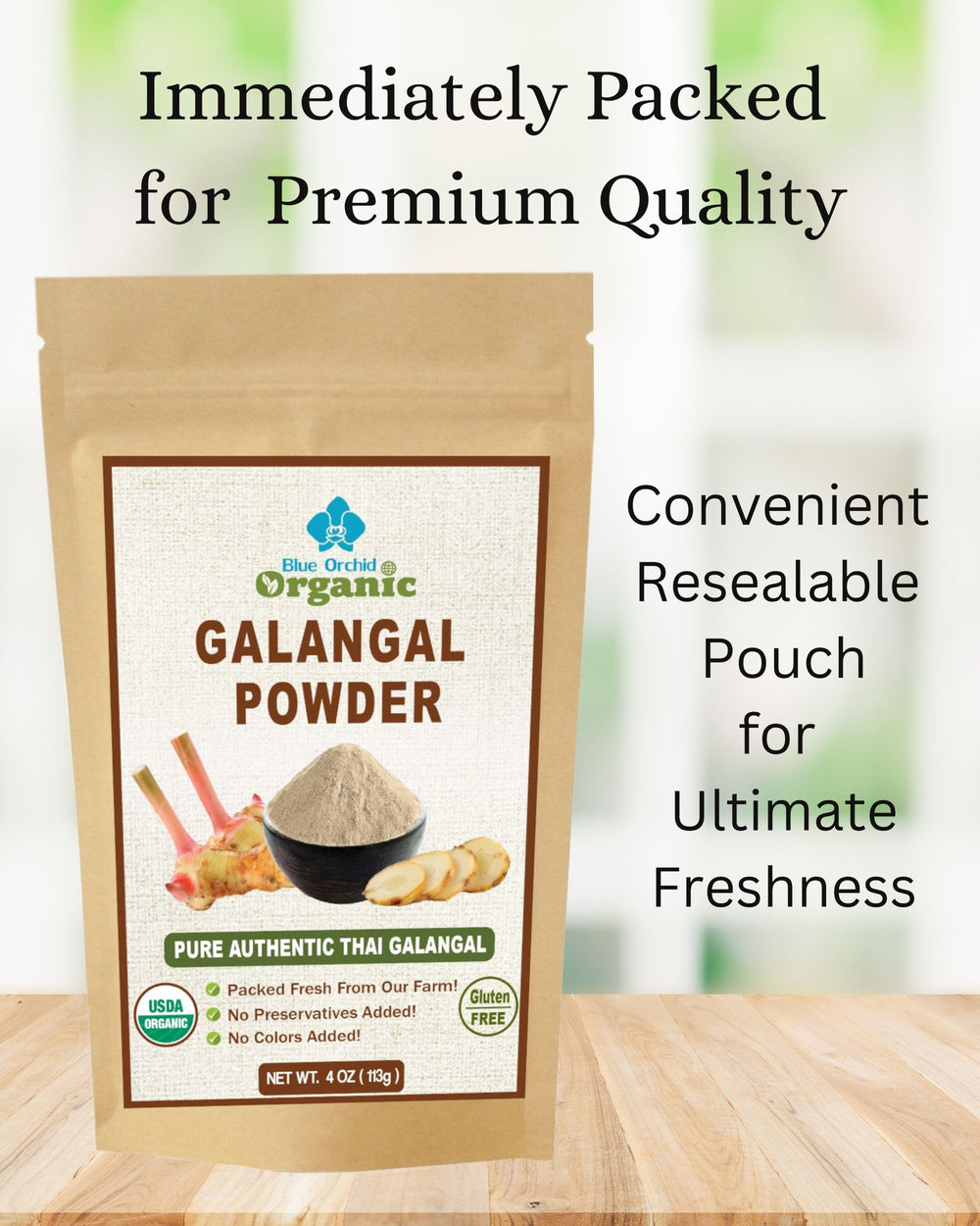 Blue Orchid Organic galangal powder spooned measure for recipe precision