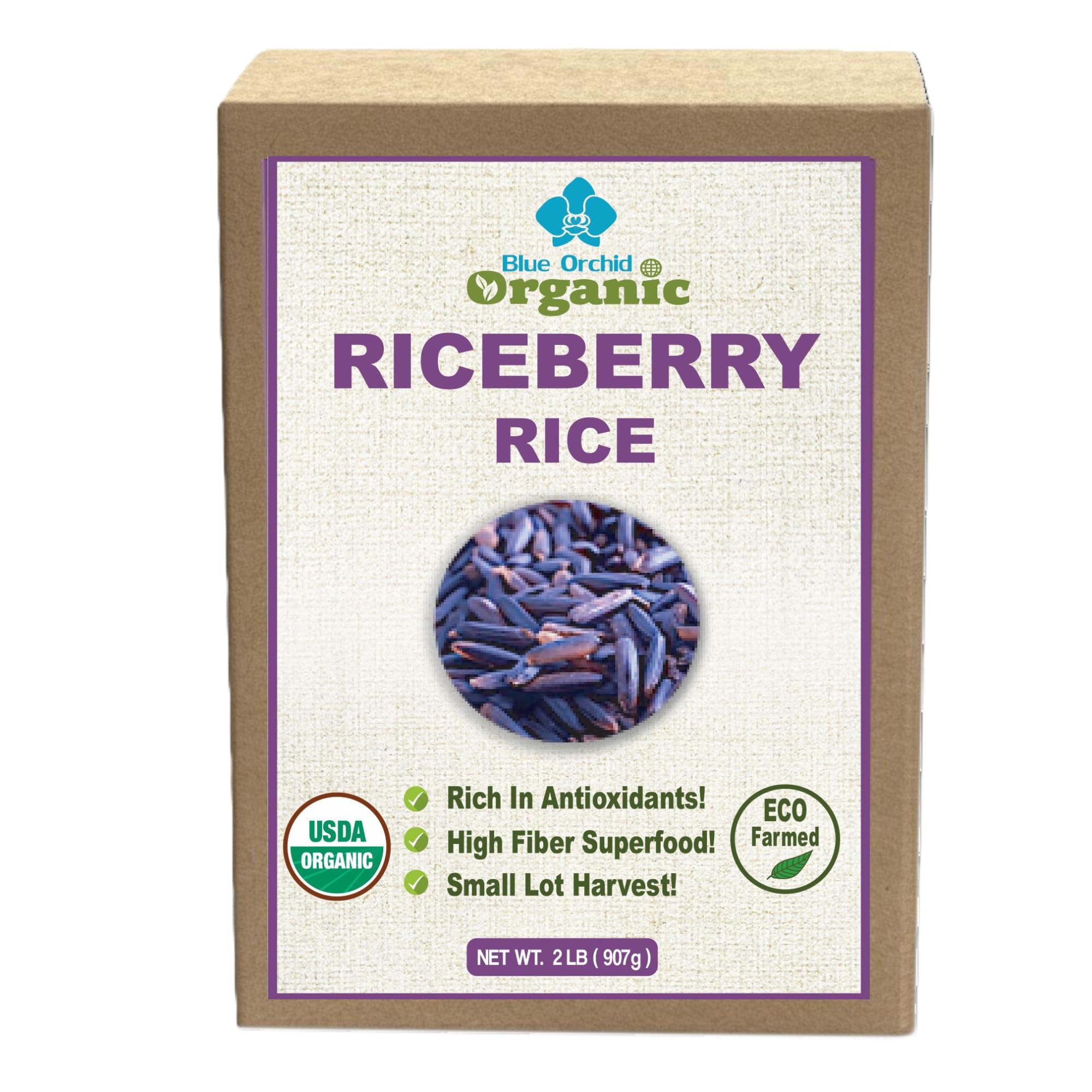 Blue Orchid front packaging shows brand and organic rice benefit