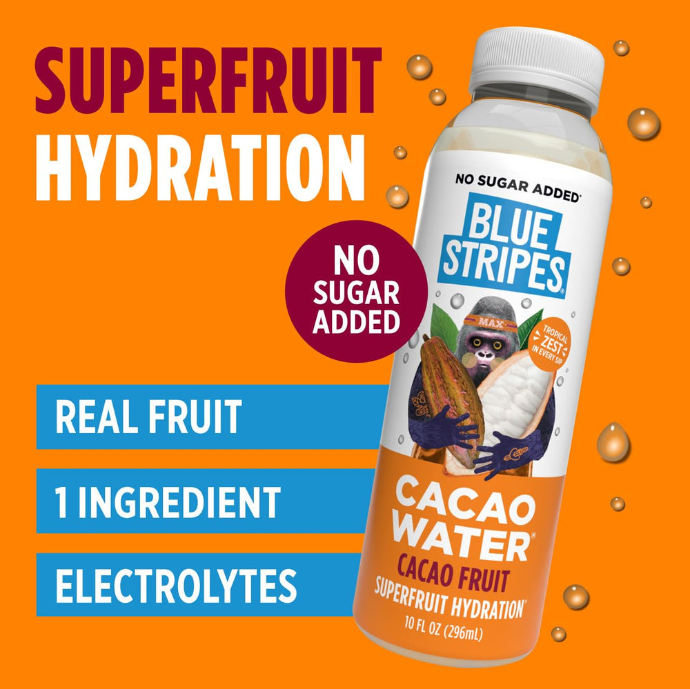 Blue Stripes cacao juice pouring into a bottle, illustrating natural cold-pressed ingredient benefits