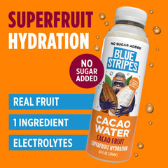 Blue Stripes cacao juice pouring into a bottle, illustrating natural cold-pressed ingredient benefits
