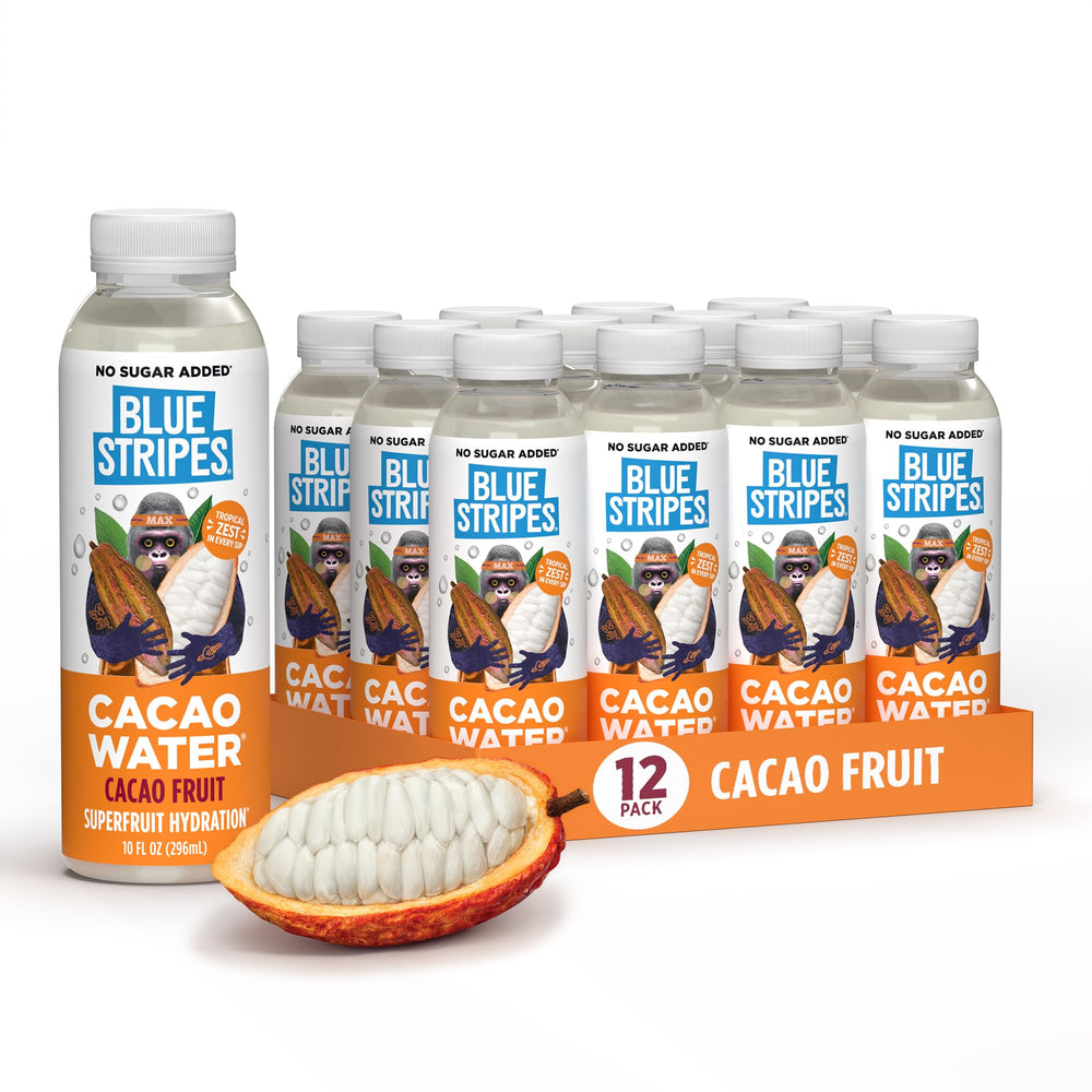 Blue Stripes front packaging showing cacao fruit water and refreshing look