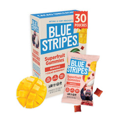 Blue Stripes front packaging showing box and single-serve pouch, convenient grab-and-go benefit