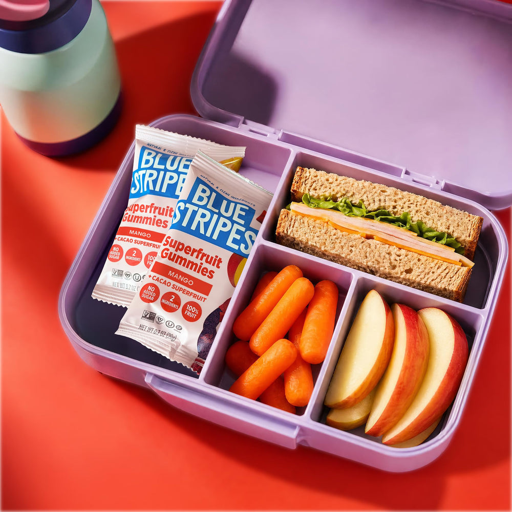 Blue Stripes hand holding a pouch to demonstrate on-the-go convenience and quick snacking