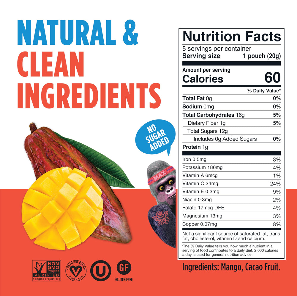 Blue Stripes open pouch revealing five mango cacao gummies, easy portion control benefit