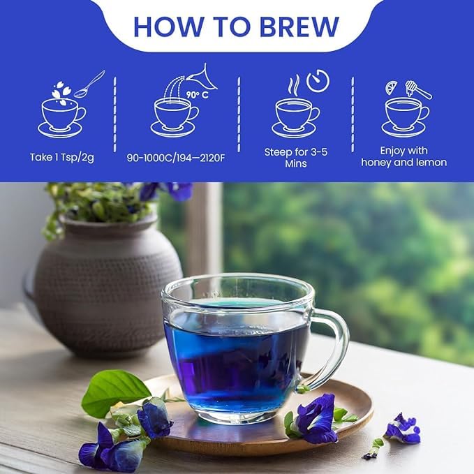 BLUE TEA butterfly pea blue infusion in glass showing color-changing appeal