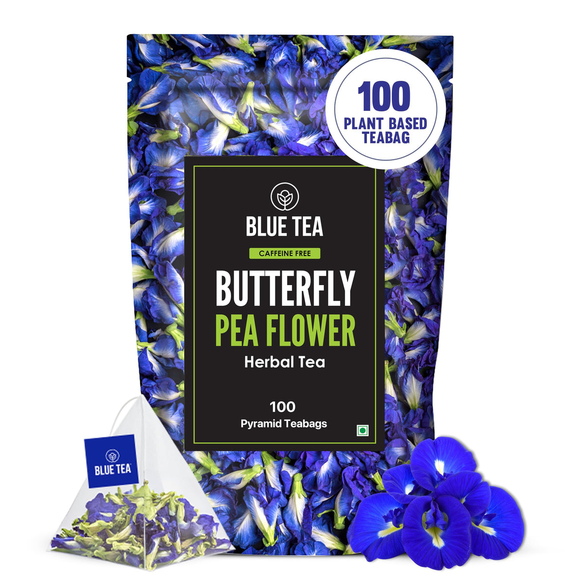 BLUE TEA front packaging showing 100-count zipper pack and benefits