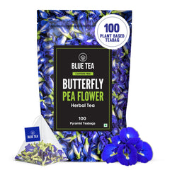 BLUE TEA front packaging showing 100-count zipper pack and benefits